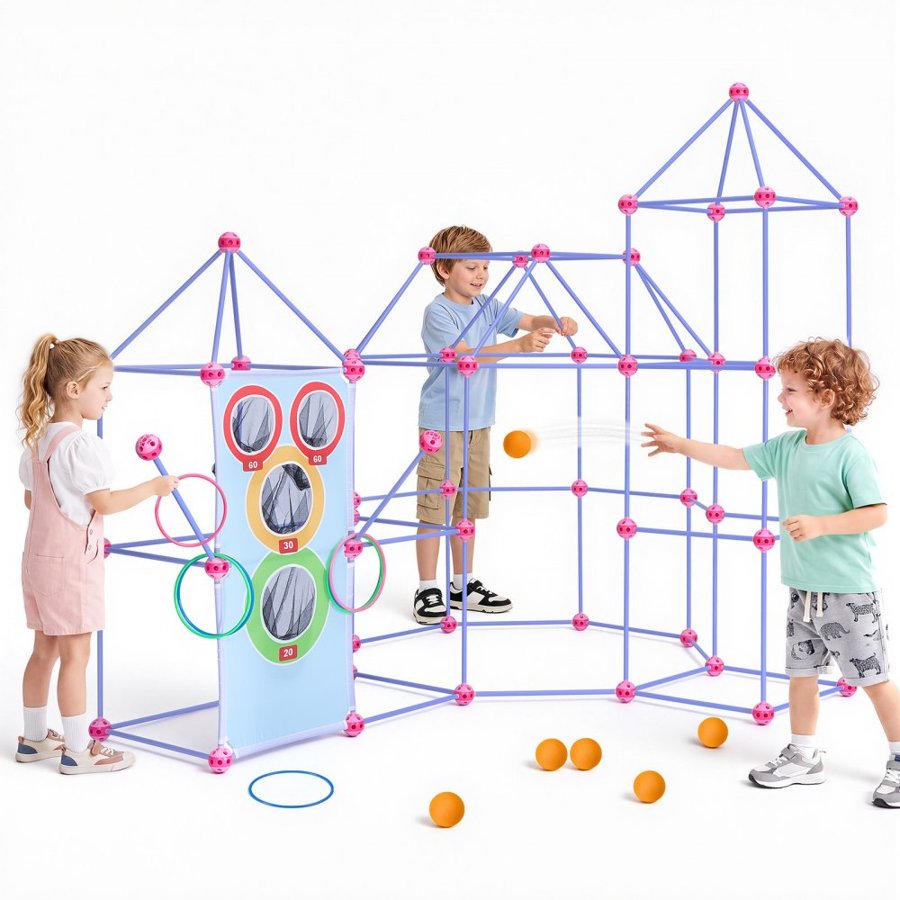 VEVOR Fort Building Kit for Kids, 180 PCS Creative STEM Construction Toys, for 4 5 6 7 8+ Year Old Boys Girls, Upgraded Balls, Ring & Ball Toss, Educational Activity, Indoor Outdoor Play, Storage Bag
