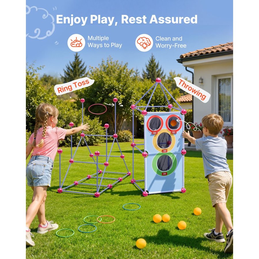 VEVOR Fort Building Kit for Kids, 180 PCS Creative STEM Construction Toys, for 4 5 6 7 8+ Year Old Boys Girls, Upgraded Balls, Ring & Ball Toss, Educational Activity, Indoor Outdoor Play, Storage Bag