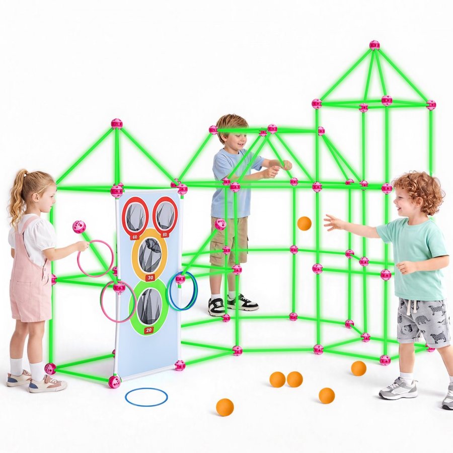 VEVOR Glow-in-the-Dark Fort Building Kit for Kids, 180PCS STEM Builder Toys, for 4 5 6 7 8+ Year Old Boys Girls, Upgraded Balls, Ring & Ball Toss, Educational Activity Indoor Outdoor Play, Storage Bag