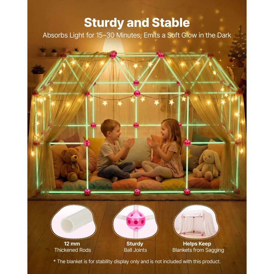VEVOR Glow-in-the-Dark Fort Building Kit for Kids, 180PCS STEM Builder Toys, for 4 5 6 7 8+ Year Old Boys Girls, Upgraded Balls, Ring & Ball Toss, Educational Activity Indoor Outdoor Play, Storage Bag