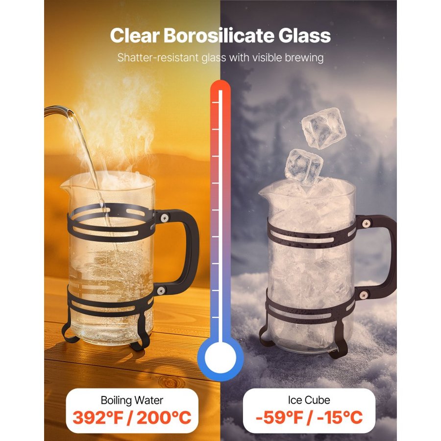 VEVOR Glass Coffee Press – 34 Ounce 1 Liter, 304 Steel