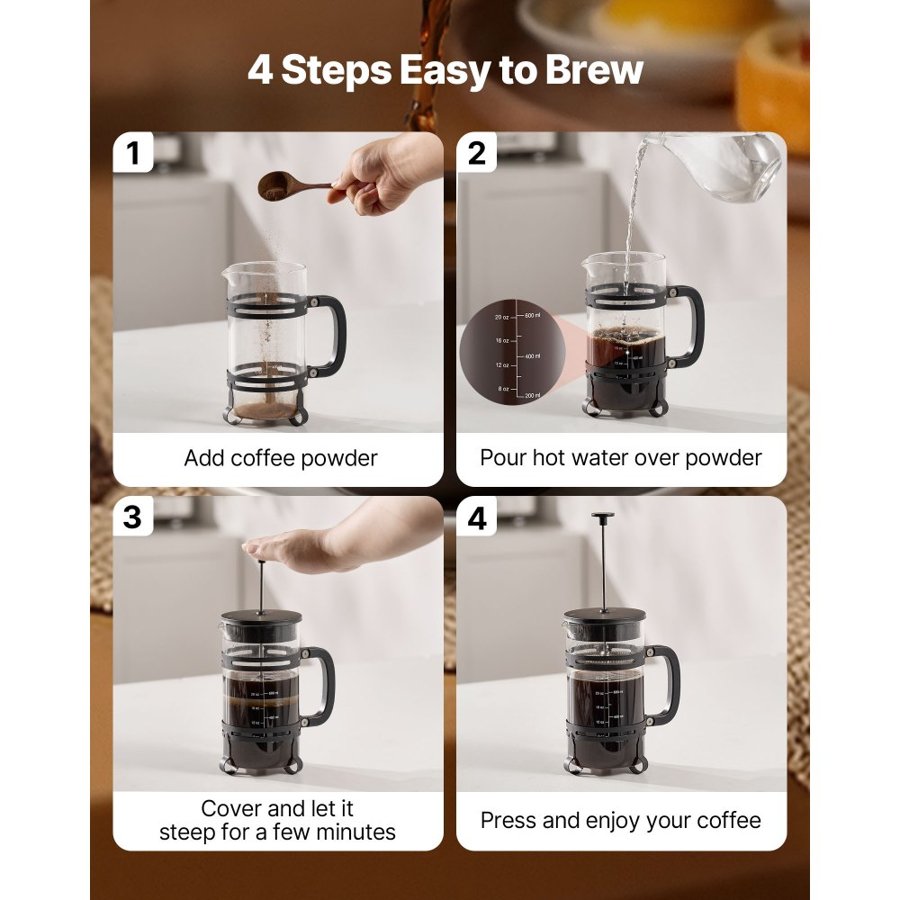 VEVOR Glass Coffee Press – 34 Ounce 1 Liter, 304 Steel
