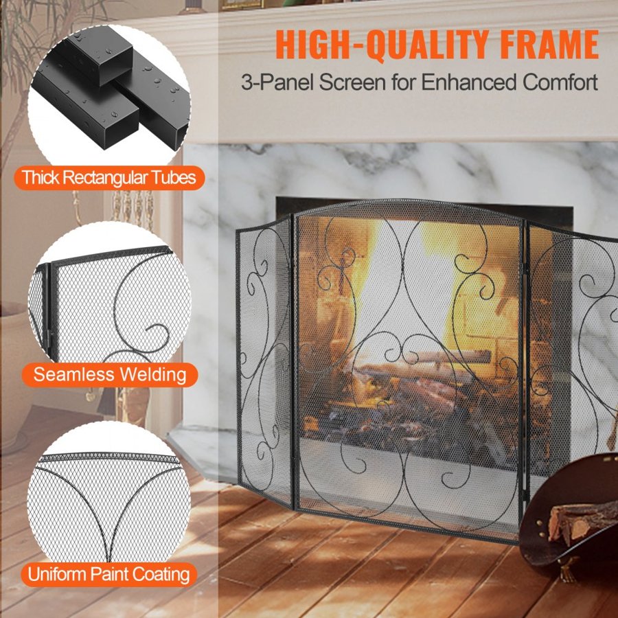 VEVOR Fireplace Screen 3 Panel, Sturdy Iron Mesh Fireplace Screen, 122(L)x76.7(H)CM Spark Guard Cover, No Assembly Required, Free Standing Fireplace Fence Grate for Living Room Home Decor Vintage