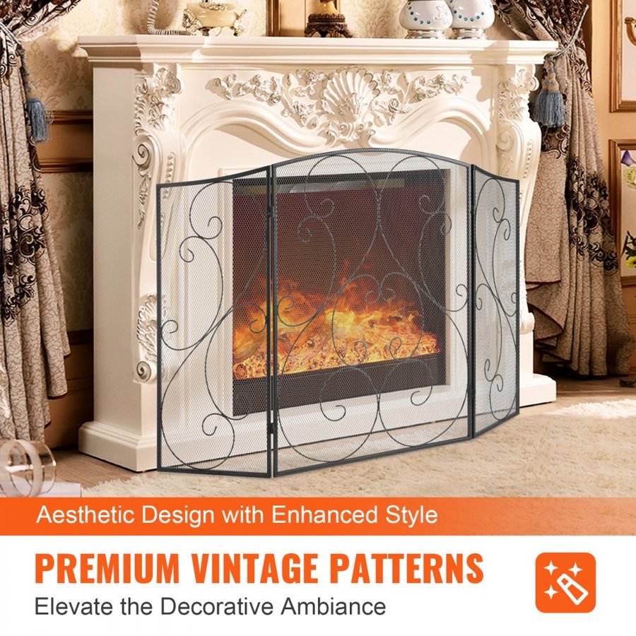 VEVOR Fireplace Screen 3 Panel, Sturdy Iron Mesh Fireplace Screen, 122(L)x76.7(H)CM Spark Guard Cover, No Assembly Required, Free Standing Fireplace Fence Grate for Living Room Home Decor Vintage