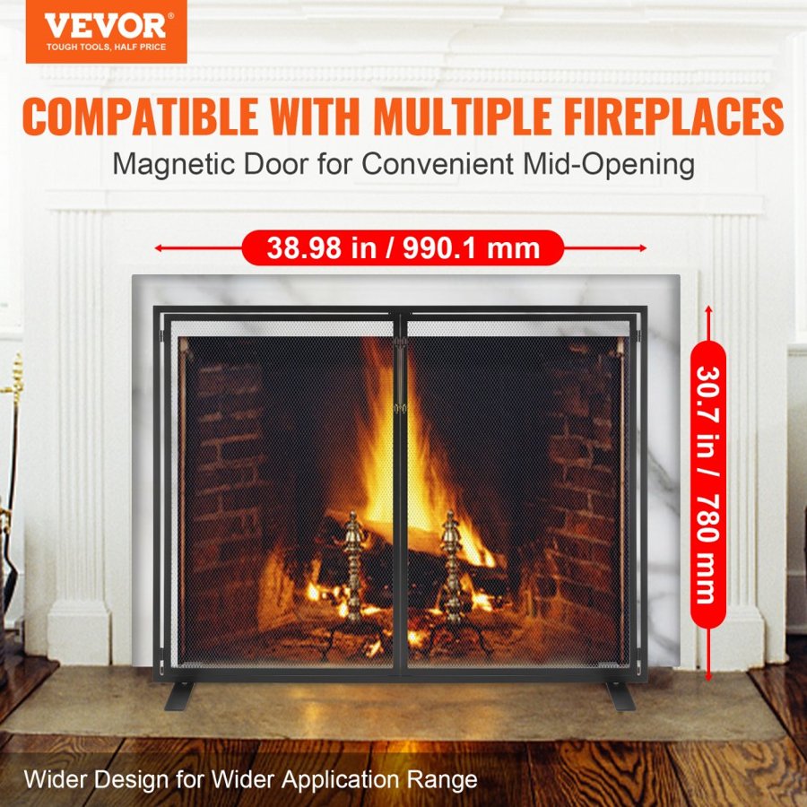 VEVOR Fireplace Screen 1 Panel with Door, Sturdy Iron Mesh Fireplace Screen, 990(L) x780(H)MM Spark Guard Cover, Simple Installation, Free Standing Fire Fence Grate for Living Room Home Decor Modern