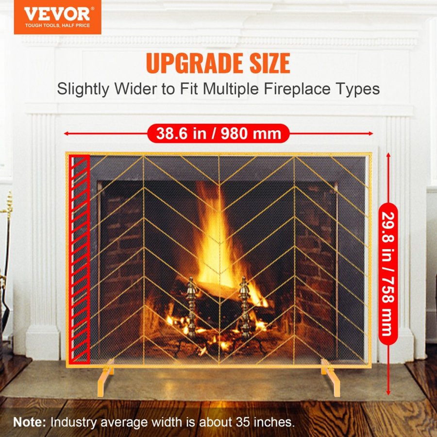 VEVOR Fireplace Screen Single Panel, Sturdy Iron Mesh Fireplace Screen, 980(L) x758(H)MM Spark Guard Cover, Simple Installation, Free Standing Fire Fence Grate for Living Room Home Decor Modern