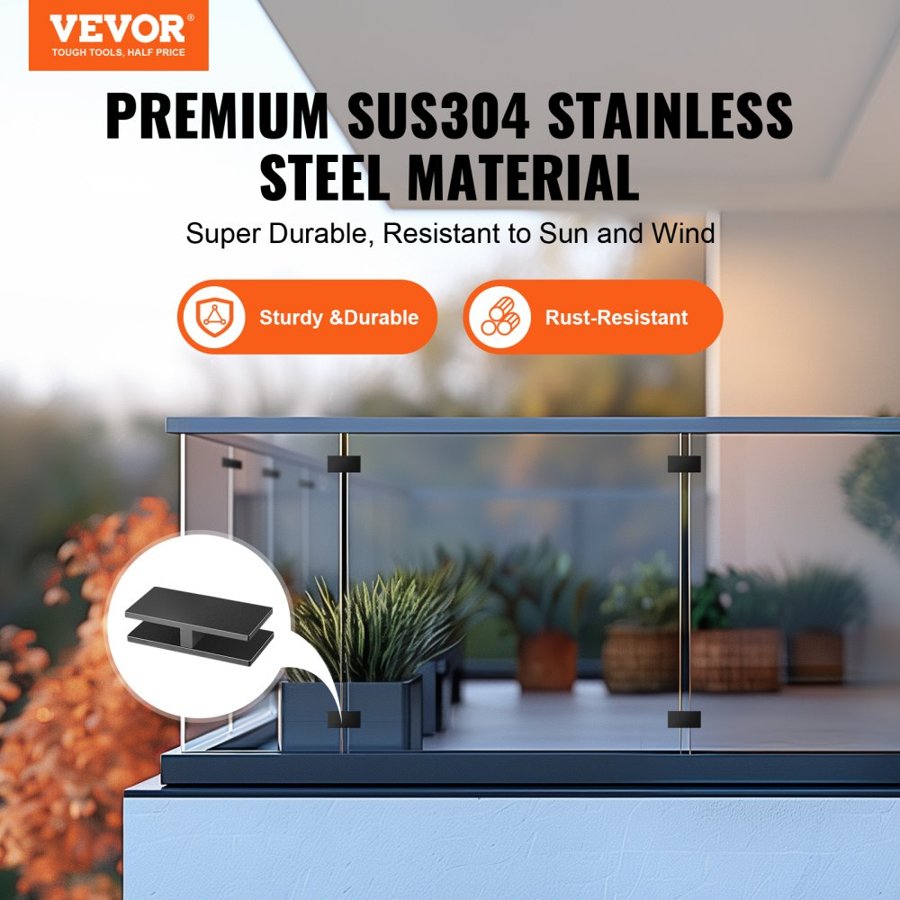 VEVOR Glass Clamp, 4 PCS Rectangle Glass Railing Bracket for 0.31 "-0.47 " Tempered Glass, 304 Stainless Steel Glass Mounting Clamp, 0.2” Thick Glass Shelf Bracket for Balcony, Garden, Pool, Stair