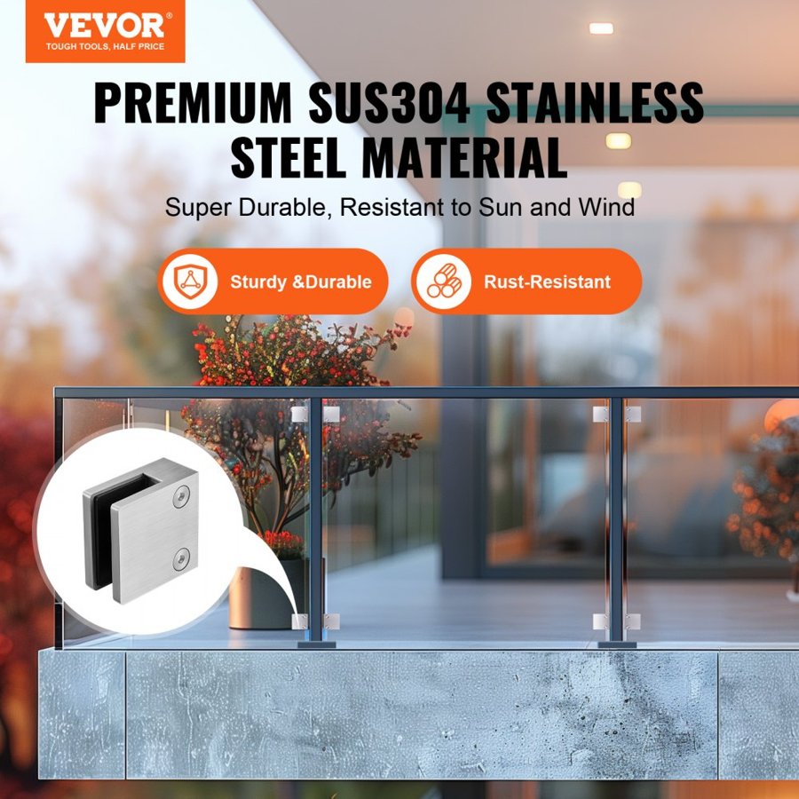 VEVOR Glass Clamp, 4 PCS Square Glass Railing Bracket for 0.31 "-0.47 " Tempered Glass, 304 Stainless Steel Glass Mounting Clamp, Glass Shelf Bracket for Balcony, Garden, Pool, Stair, Silver