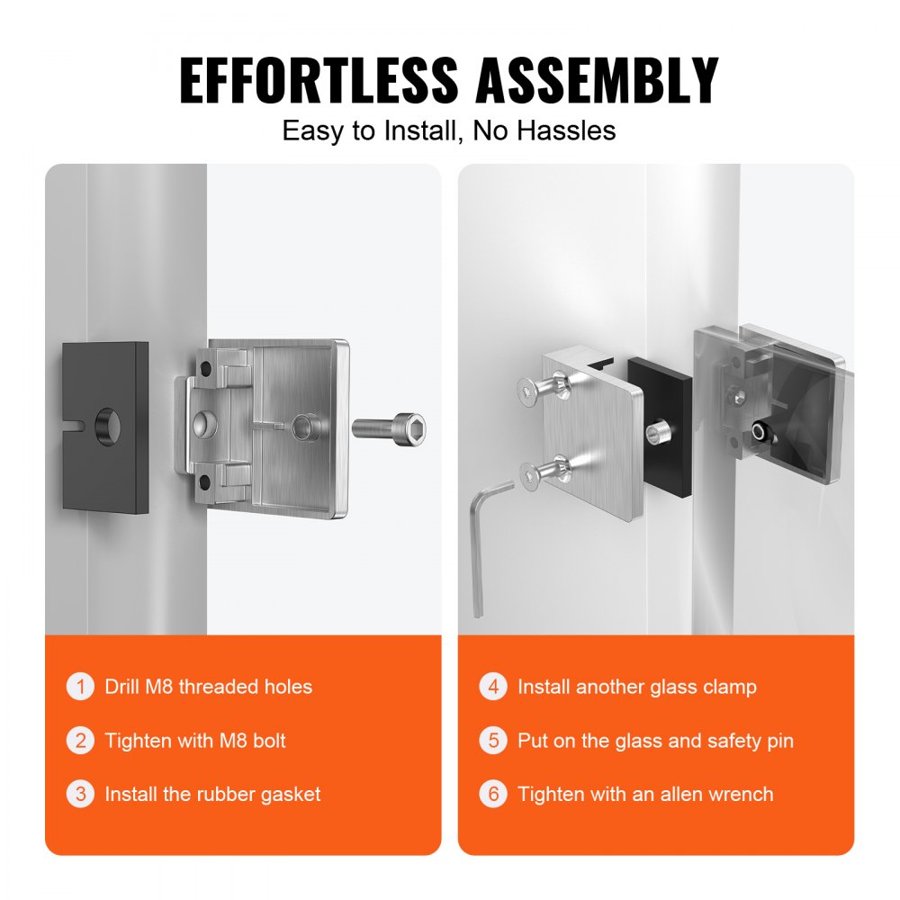 VEVOR Glass Clamp, 4 PCS Square Glass Railing Bracket for 0.31 "-0.47 " Tempered Glass, 304 Stainless Steel Glass Mounting Clamp, Glass Shelf Bracket for Balcony, Garden, Pool, Stair, Silver