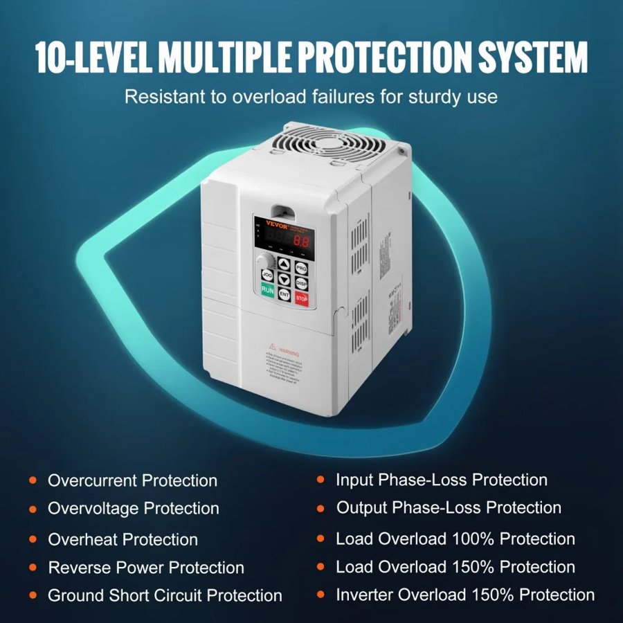 VEVOR VFD 7.5KW, 34A, 10HP Variable Frequency Drive for 3-Phase Motor Speed Control