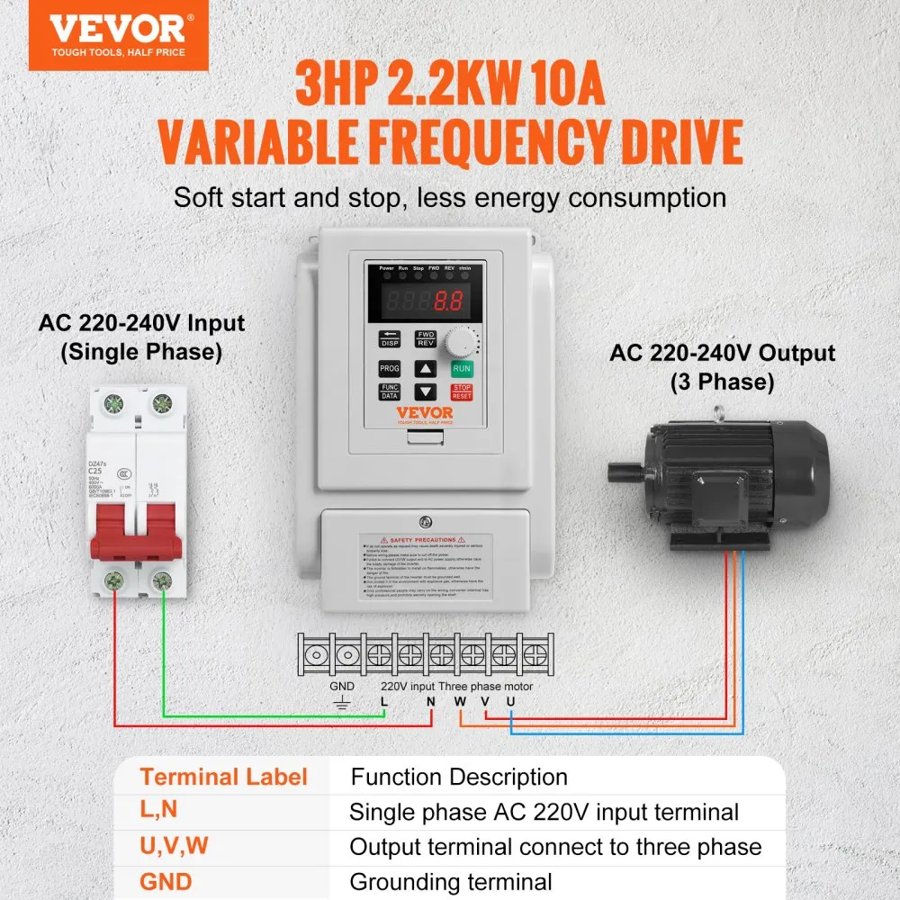 VEVOR 3HP Variable Frequency Drive — VFD 2.2KW 3-Phase