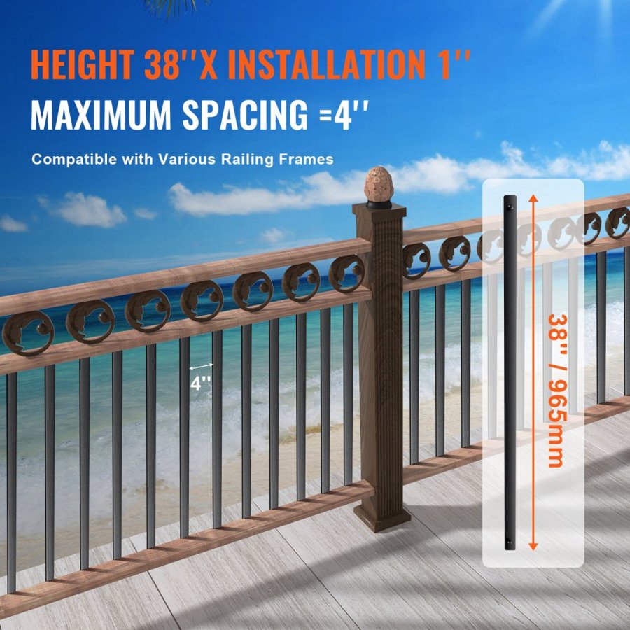 VEVOR Staircase Metal Balusters, 38'' x 1'' Flat Aluminum Alloy Decorative Banister Spindles, 72 Pack Deck Baluster with Screws, Classic Hollow Deck Railing Satin Black Powder Coated for Porch