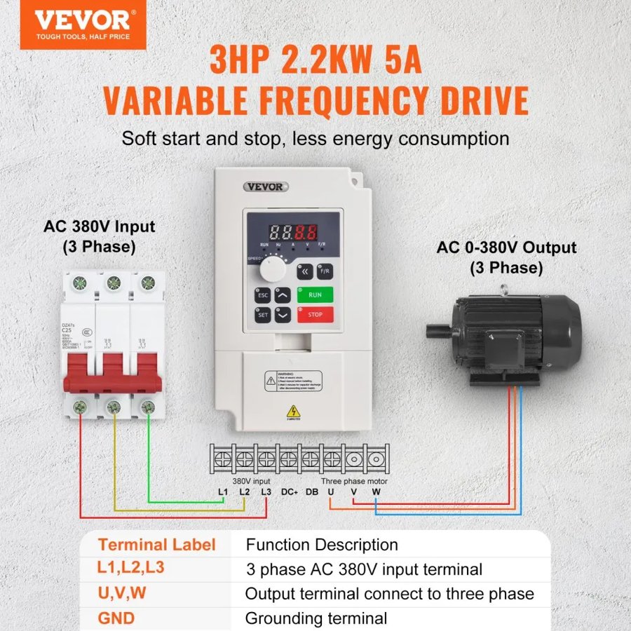 VEVOR VFD 3HP, 2.2KW, 5A, 3 Phase AC 380V Input to 3 Phase AC 0 - 380V Output Variable Frequency Drive, 50/60Hz Input, 0-2000Hz Output VFD for Spindle Motor Speed Control