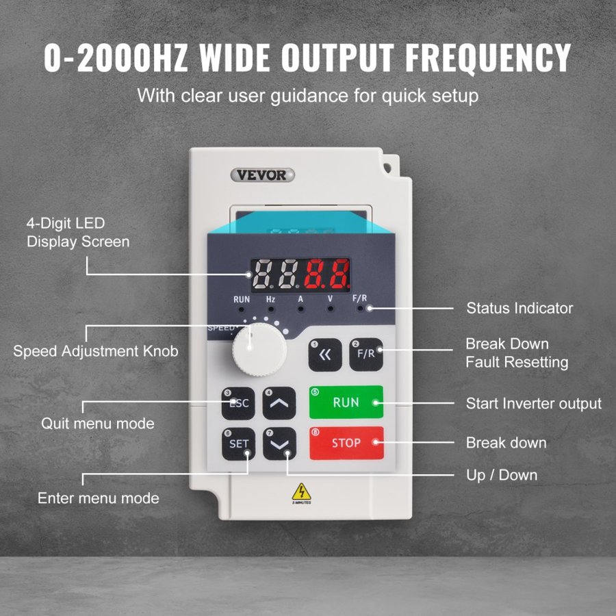 VEVOR VFD 3HP, 2.2KW, 5A, 3 Phase AC 380V Input to 3 Phase AC 0 - 380V Output Variable Frequency Drive, 50/60Hz Input, 0-2000Hz Output VFD for Spindle Motor Speed Control