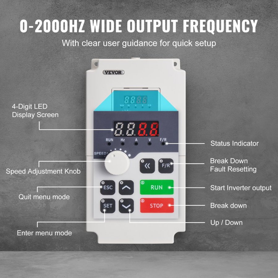 VEVOR VFD 5HP, 4KW, 18A, 1 or 3 Phase AC 220V Input to 3 Phase AC 0~220V Output Variable Frequency Drive, 50/60Hz Input, 0-2000Hz Output VFD for Spindle Motor Speed Control