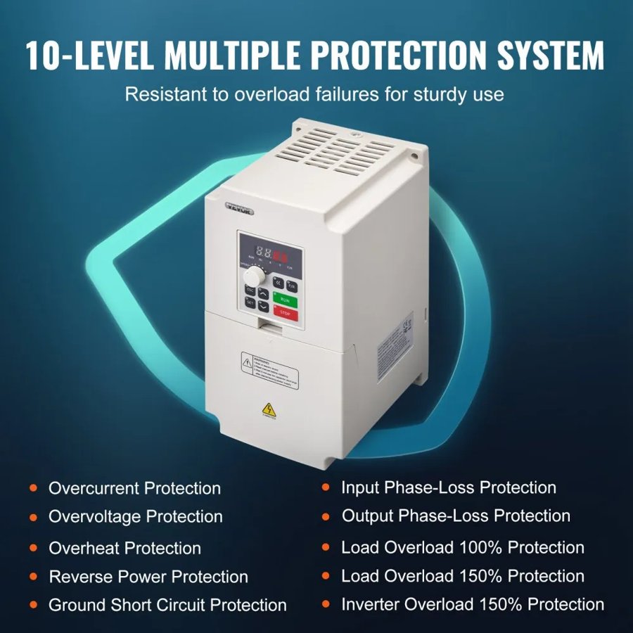 VEVOR VFD 5HP, 4KW, 8.5A, 3 Phase AC 380V Input to 3 Phase AC 0 - 380V Output Variable Frequency Drive, 50/60Hz Input, 0-2000Hz Output VFD for Spindle Motor Speed Control