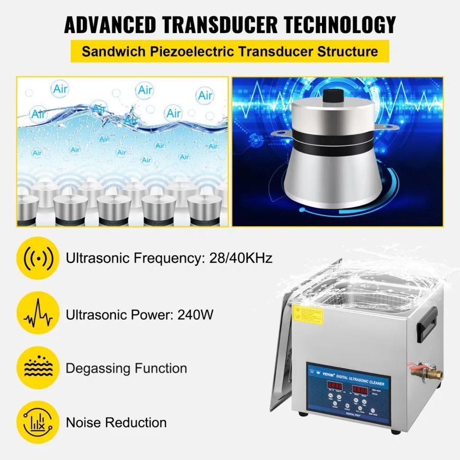 VEVOR 10L Ultrasonic Cleaner – 240W, Dual 28/40KHz, Heater