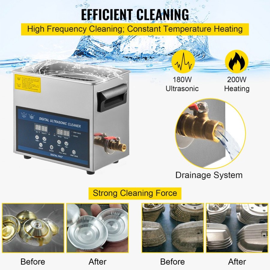 VEVOR 220V Ultrasonic Cleaning Machine – 6L, 180W, 28/40KHz