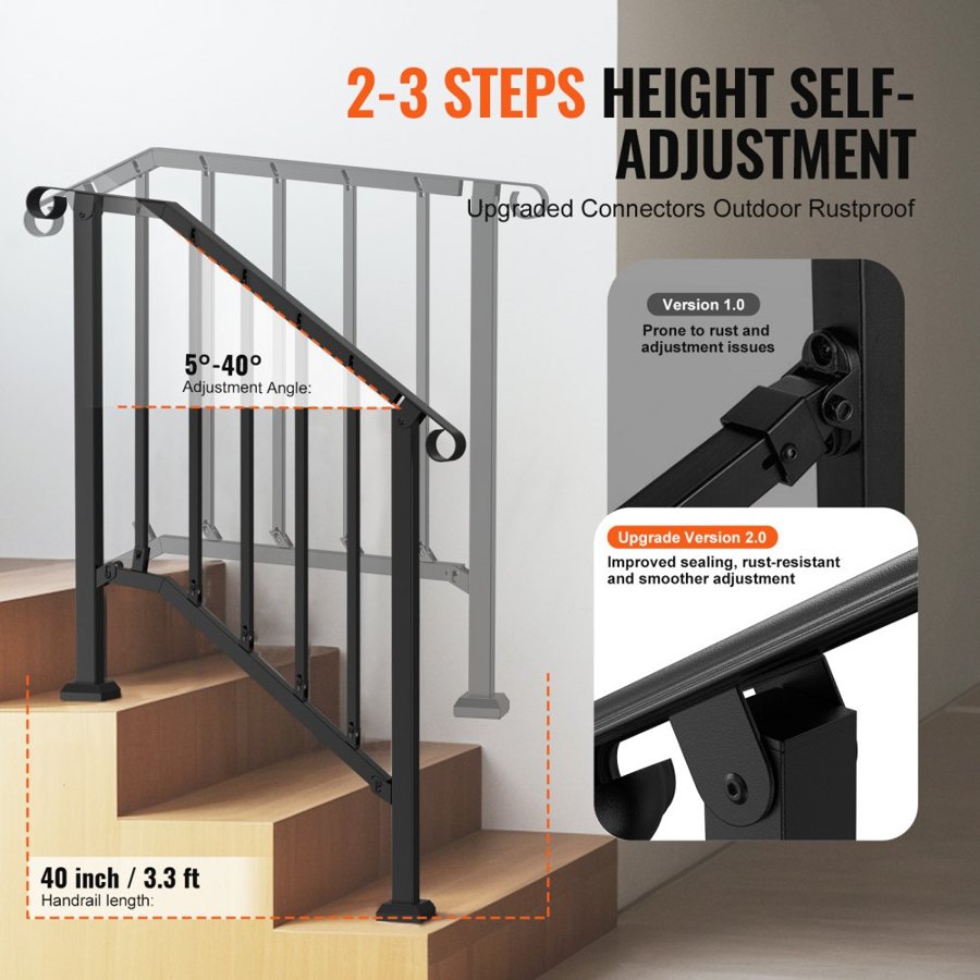 VEVOR Outdoor Step Handrails – 2-3 Step Black Retro Arch