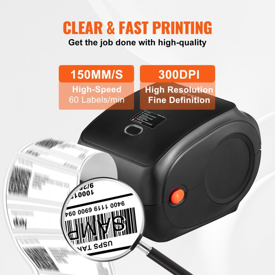 VEVOR Thermal Label Printer, 300DPI for 4x6 Mailing Packages, Wireless Bluetooth & Automatic Label Recognition, Support Windows/MacOS/Linux/Android/IOS, Compatible with Amazon, eBay, Etsy,etc