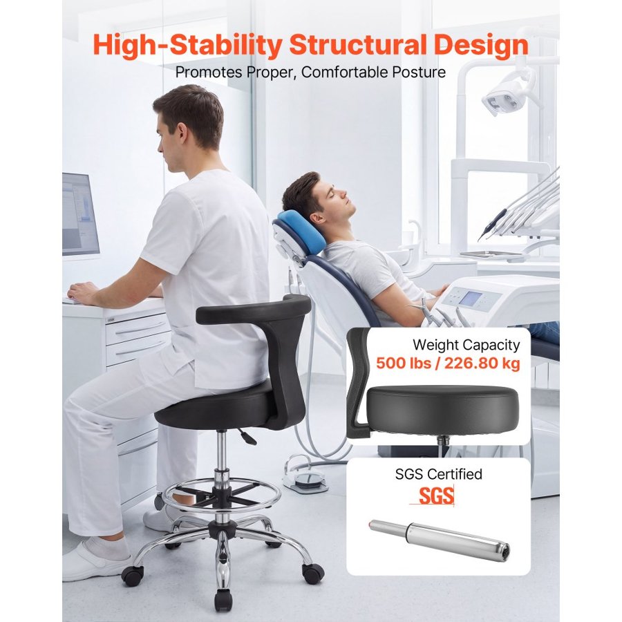 VEVOR Rolling Stool with Back Support, 226.8kg Weight Capacity, Height Adjustable, Thick Cushion Ergonomic PU Leather Seat, 360° Swivel Round Rolling Stool Chair for Dental, Salon, Clinic, Black