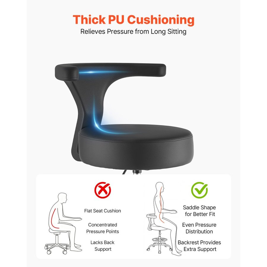 VEVOR Rolling Stool with Back Support, 226.8kg Weight Capacity, Height Adjustable, Thick Cushion Ergonomic PU Leather Seat, 360° Swivel Round Rolling Stool Chair for Dental, Salon, Clinic, Black
