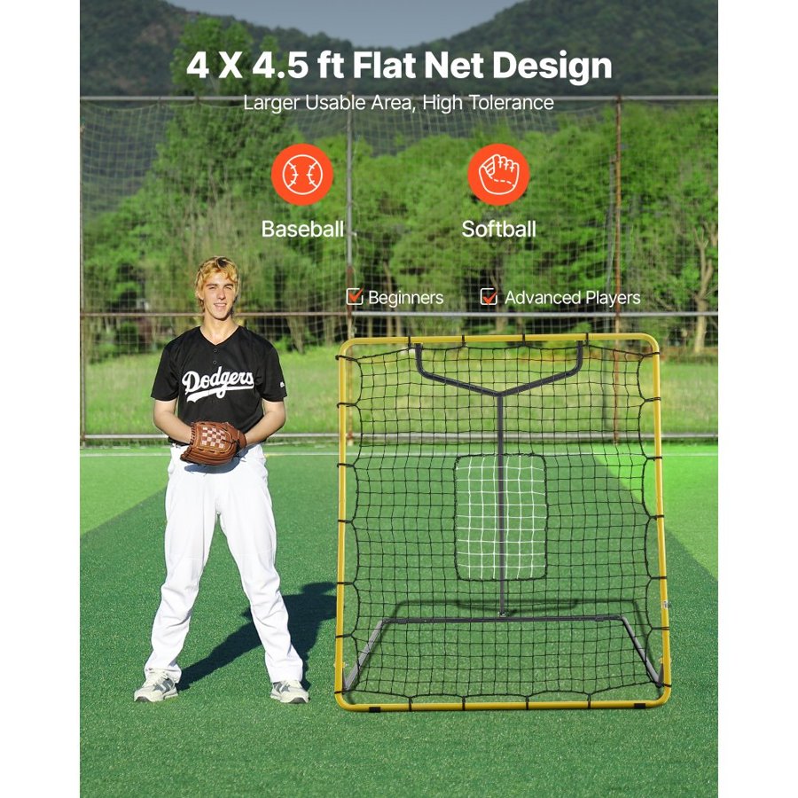 VEVOR Baseball Softball Rebounder Net 1230 x 1393 mm Pitch Back Trainer, 4 Adjustable Angles with Strike Zone Target, Steel Frame, Bounce Back Net for Pitching & Fielding Training, Return Practice