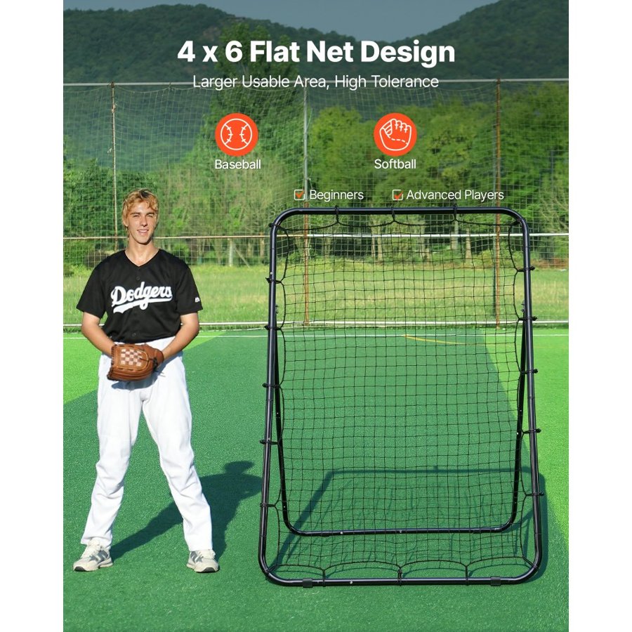 VEVOR Baseball Softball Rebounder Net 1210 x 1730 mm Pitch Back Trainer, 5 Adjustable Angles with Strike Zone Target, Steel Frame, Bounce Back Net for Pitching & Fielding Training, Return Practice