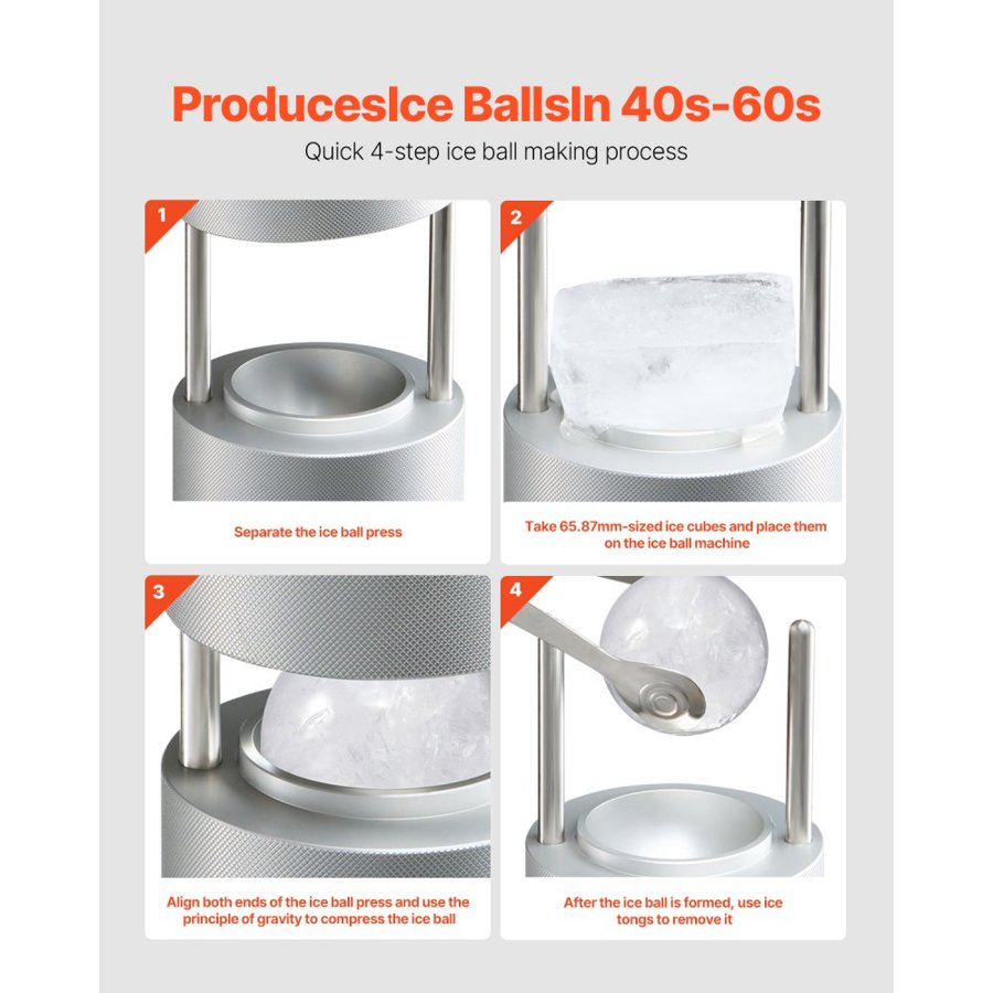 VEVOR Ice Ball Press, 2.1" Ice Ball Maker, Aviation Aluminum Ice Ball Press Kit for 53mm Ice Sphere, Ice Press with Tong and Drip Tray, for Whiskey, Cocktail, Bourbon, Scot on Party & Holiday