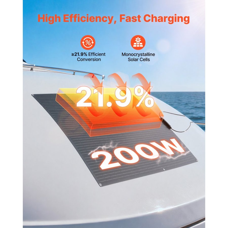 VEVOR Flexible Solar Panel, 200W Semi-Flexible Bendable Monocrystalline Solar Panel, 21.9% Efficiency Mono Off-Grid Charger with MC4 Output, IP67 Waterproof for Marine RV Car Cabin Curved Surfaces
