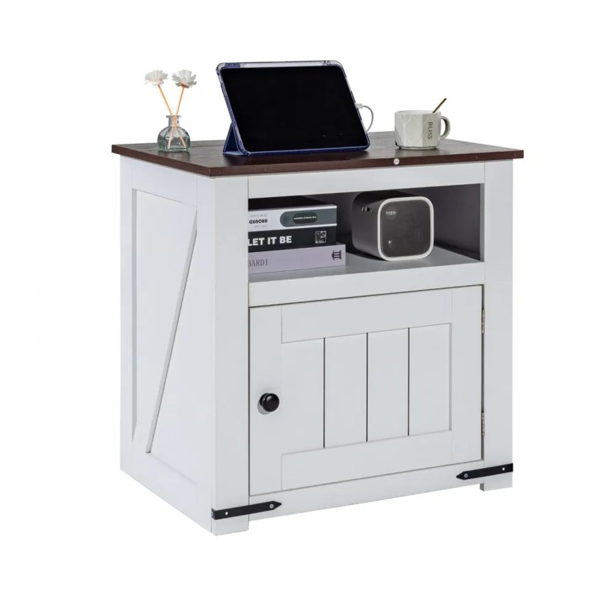 VEVOR Farmhouse End Table, Square Night Stand with USB Ports and Outlets, 3 Tiers End Table Side Table with Storage Cabinet, Ideal for Living Room, Bedroom, Office, White