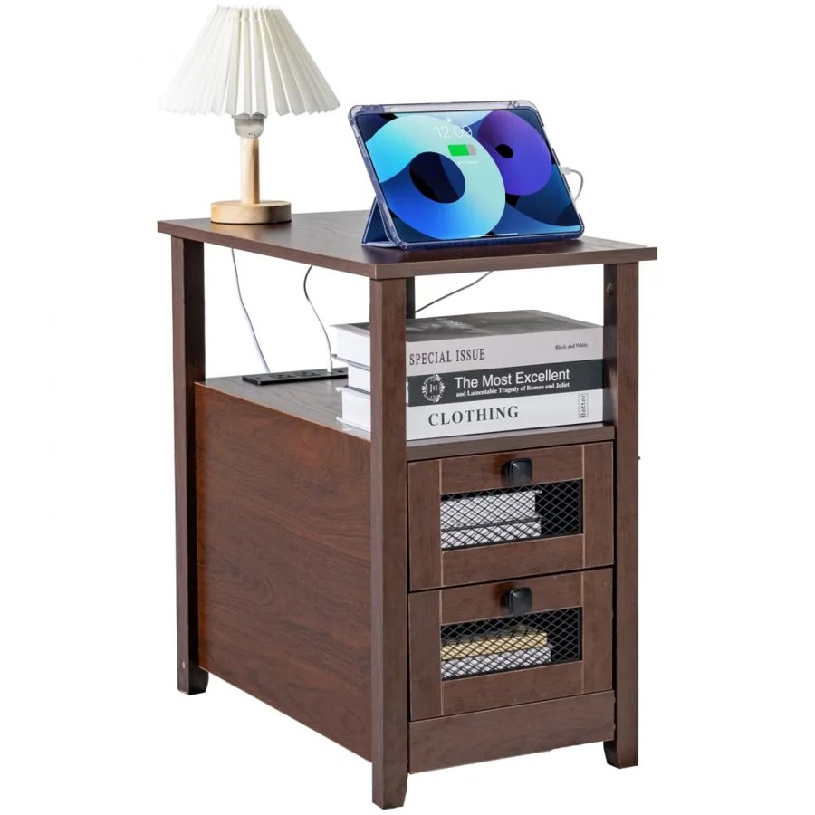 VEVOR Farmhouse End Table, Narrow Night Stand with USB Ports and Outlets, 4 Tiers End Table Side Table with Storage Cabinet and 2 Drawers, Ideal for Living Room, Bedroom, Office, Brown