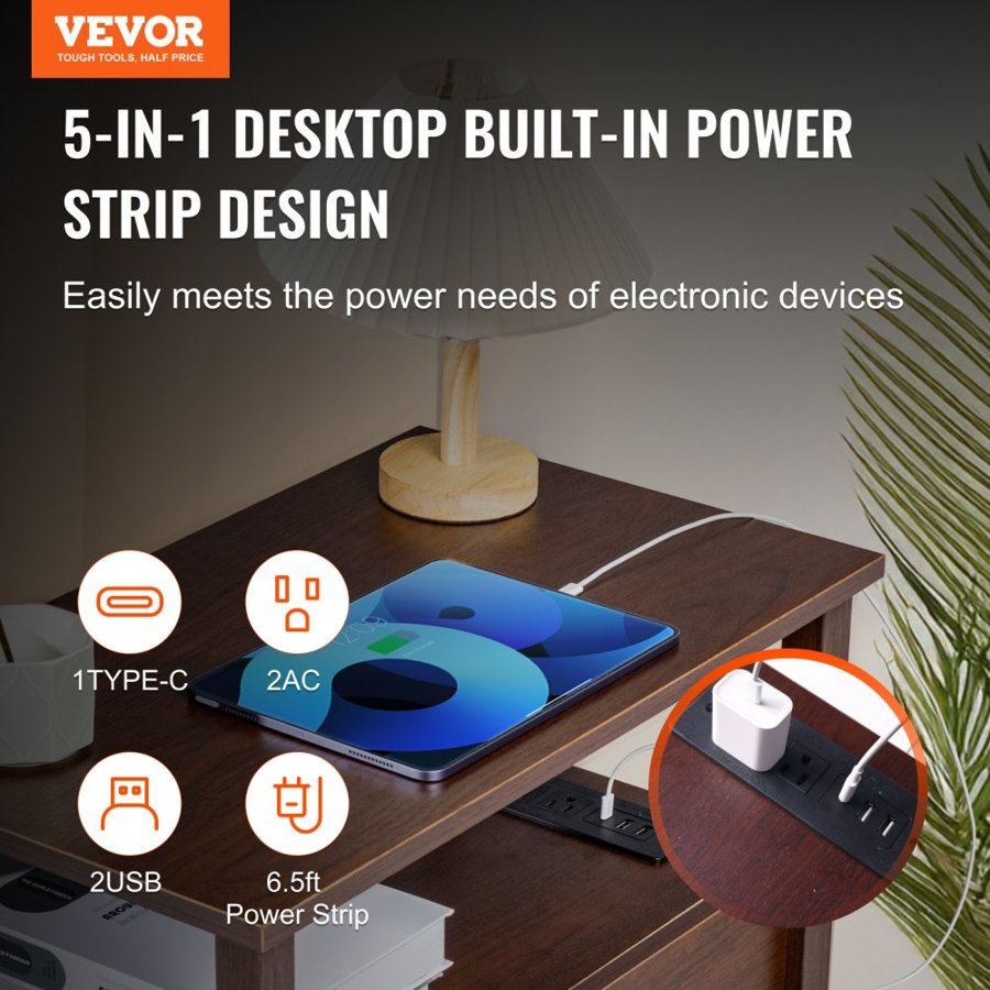 VEVOR Farmhouse End Table, Narrow Night Stand with USB Ports and Outlets, 4 Tiers End Table Side Table with Storage Cabinet and 2 Drawers, Ideal for Living Room, Bedroom, Office, Brown