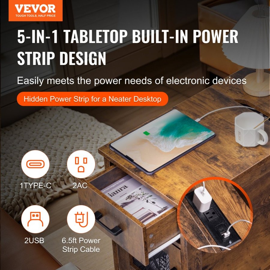 VEVOR Farmhouse End Table, Night Stand with USB Ports and Outlets, 3 Tiers End Table Side Table with Storage Cabinet and 1 Drawer, Ideal for Living Room, Bedroom, Office, Burlywood