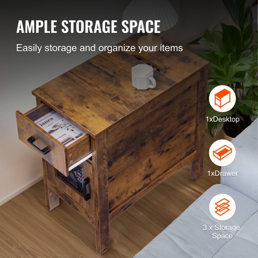 VEVOR Farmhouse End Table, Night Stand with USB Ports and Outlets, 3 Tiers End Table Side Table with Storage Cabinet and 1 Drawer, Ideal for Living Room, Bedroom, Office, Burlywood