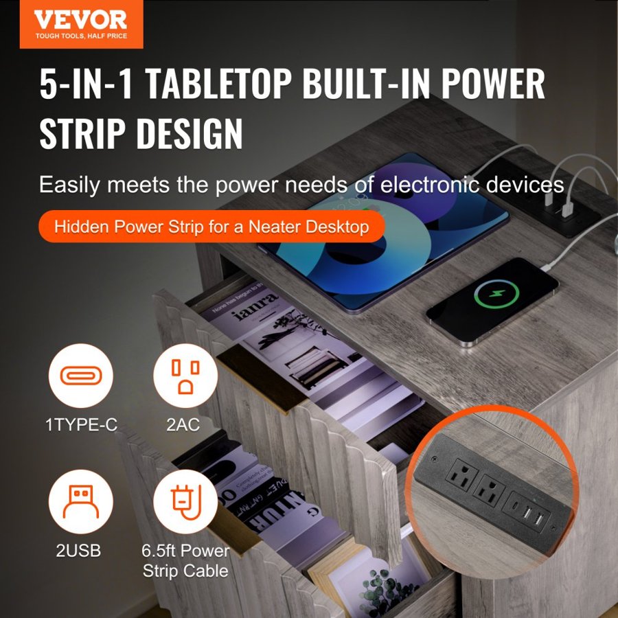VEVOR Farmhouse End Table, Set of 2, Square Night Stand with USB Ports and Outlets, 3 Tiers End Table Side Table with Storage Cabinet and 2 Drawers, Ideal for Living Room, Bedroom, Office, Gray
