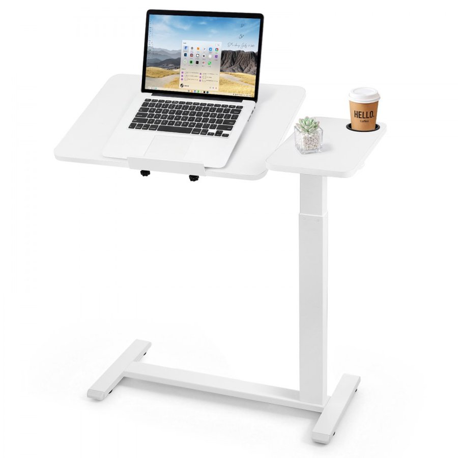 VEVOR Overbed Table 800 x 400 mm Mobile Bedside Table with Wheels White, for Home Office Bed Couch, Height Adjustable Rolling Laptop Desk, Portable Standing Cart with Tilting Desktop & Cup Holder