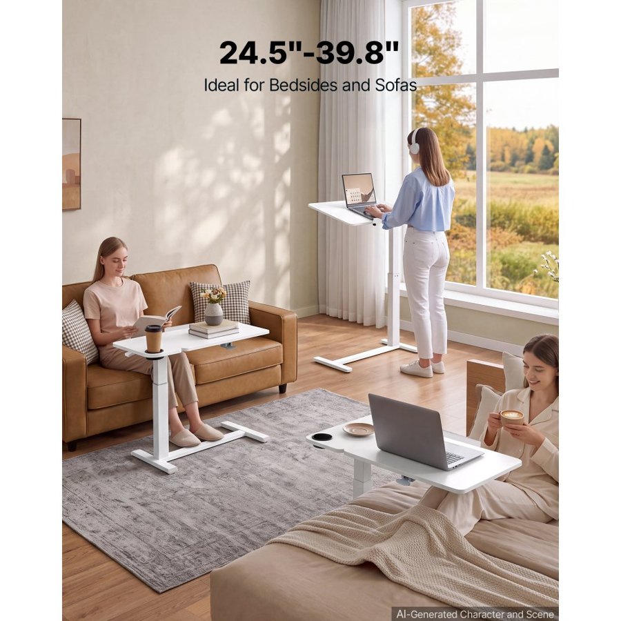 VEVOR Overbed Table 800 x 400 mm Mobile Bedside Table with Wheels White, for Home Office Bed Couch, Height Adjustable Rolling Laptop Desk, Portable Standing Cart with Tilting Desktop & Cup Holder