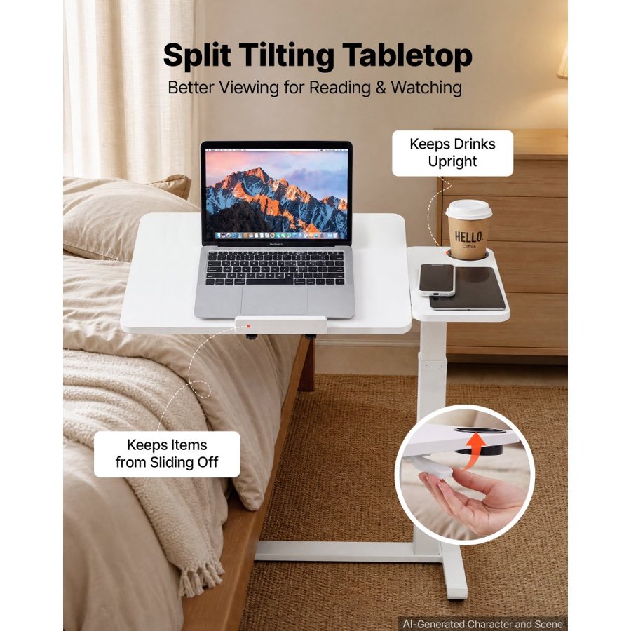VEVOR Overbed Table 800 x 400 mm Mobile Bedside Table with Wheels White, for Home Office Bed Couch, Height Adjustable Rolling Laptop Desk, Portable Standing Cart with Tilting Desktop & Cup Holder