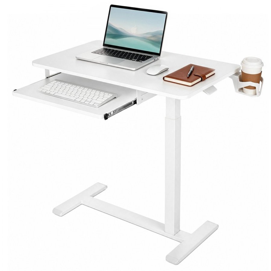 VEVOR Overbed Table 800 x 450 mm Mobile Bedside Table with Hidden Wheels, for Home Office Bed Couch, Height Adjustable Rolling Laptop Desk, Standing Cart with Keyboard Tray and Cup Holder, White