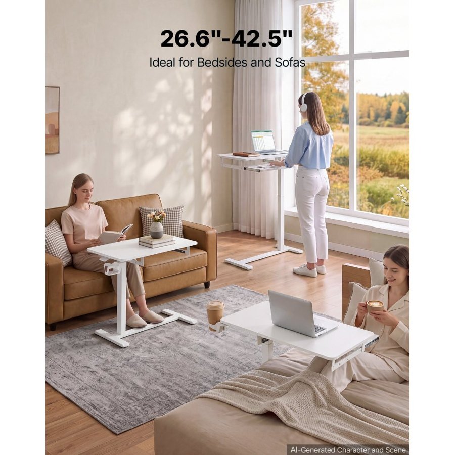 VEVOR Overbed Table 800 x 450 mm Mobile Bedside Table with Hidden Wheels, for Home Office Bed Couch, Height Adjustable Rolling Laptop Desk, Standing Cart with Keyboard Tray and Cup Holder, White