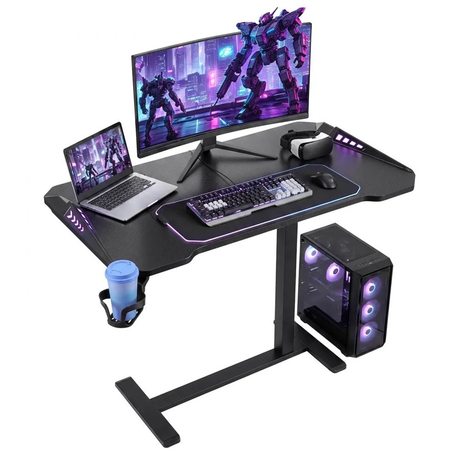 VEVOR Overbed Table 800 x 450 mm Mobile Gaming Desk with Hidden Wheels, for Home Office Bed Couch, Height Adjustable Bedside Rolling Laptop Desk, Standing Cart with RGB Light & Cup Holder, Black