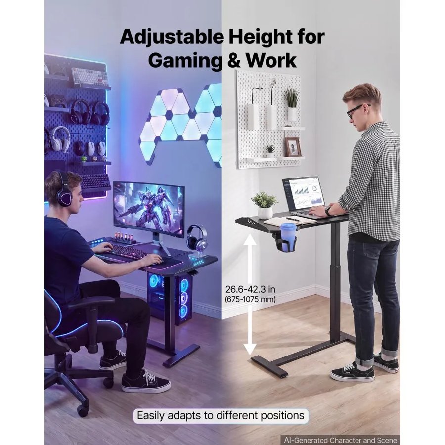 VEVOR Overbed Table 800 x 450 mm Mobile Gaming Desk with Hidden Wheels, for Home Office Bed Couch, Height Adjustable Bedside Rolling Laptop Desk, Standing Cart with RGB Light & Cup Holder, Black