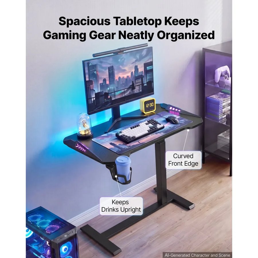 VEVOR Overbed Table 800 x 450 mm Mobile Gaming Desk with Hidden Wheels, for Home Office Bed Couch, Height Adjustable Bedside Rolling Laptop Desk, Standing Cart with RGB Light & Cup Holder, Black