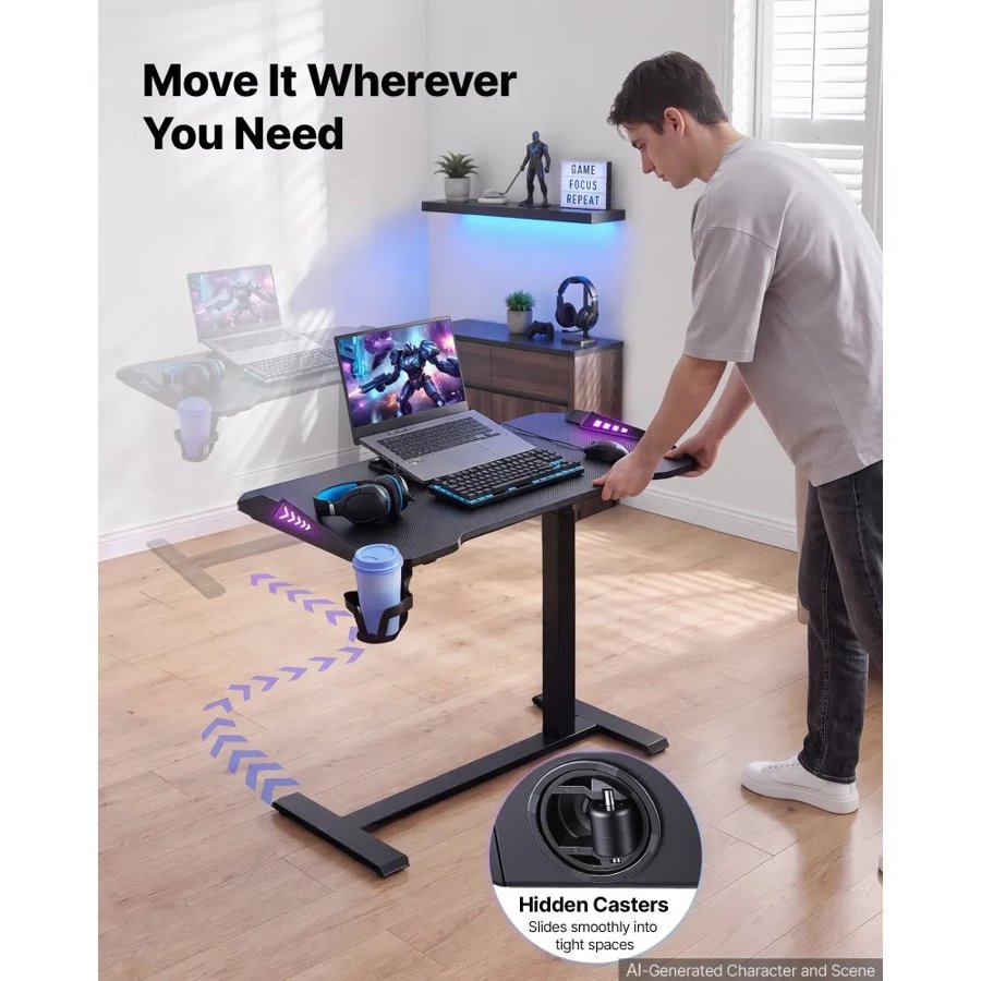VEVOR Overbed Table 800 x 450 mm Mobile Gaming Desk with Hidden Wheels, for Home Office Bed Couch, Height Adjustable Bedside Rolling Laptop Desk, Standing Cart with RGB Light & Cup Holder, Black