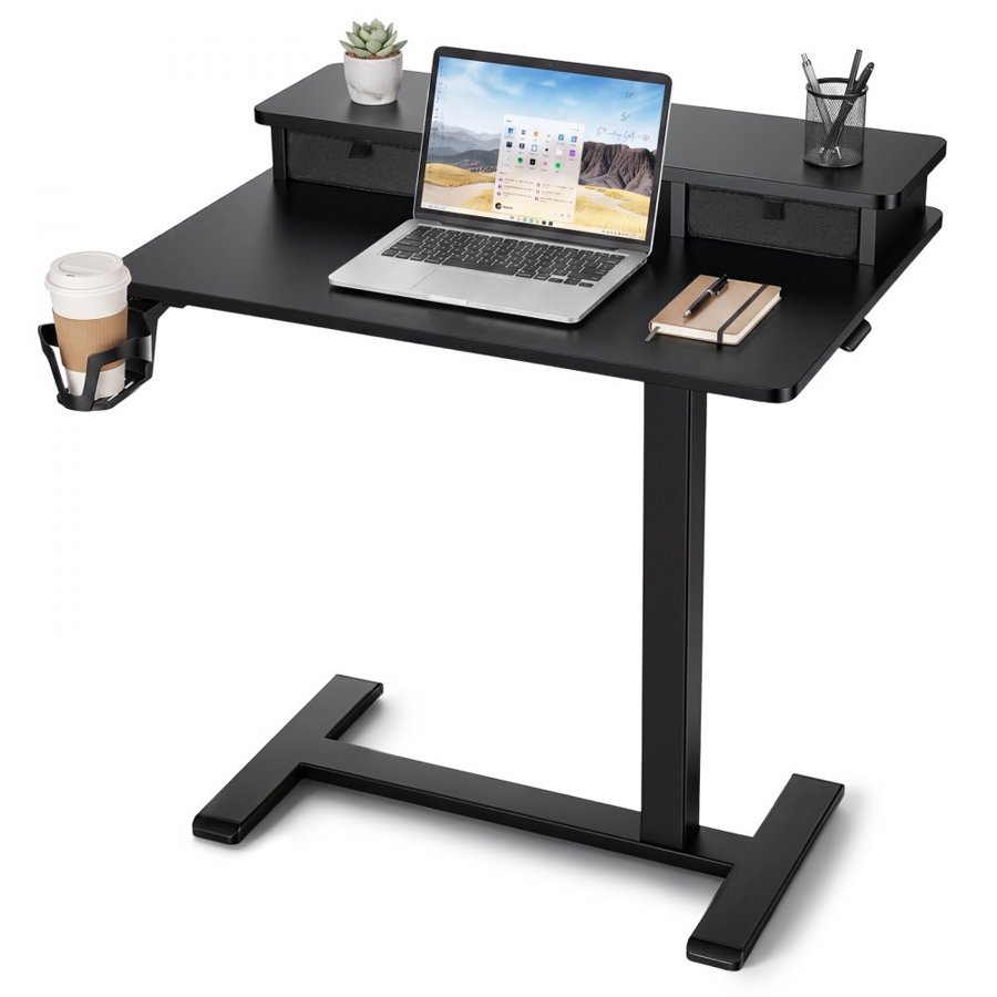 VEVOR Overbed Table 700 x 500 mm Mobile Bedside Table with Hidden Wheels, for Home Office Bed Couch, Height Adjustable Rolling Laptop Desk, Standing Cart with 2-Layer Top, Drawer, Cup Holder, Black
