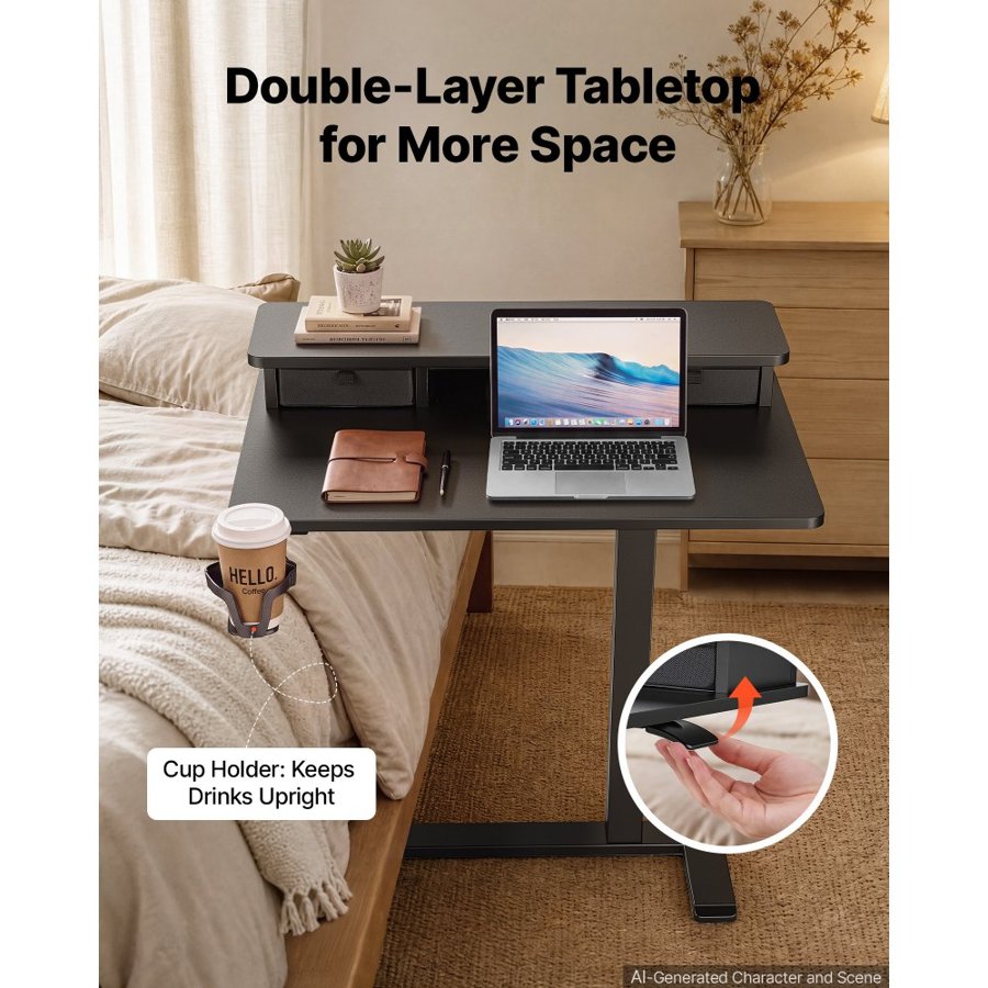 VEVOR Overbed Table 700 x 500 mm Mobile Bedside Table with Hidden Wheels, for Home Office Bed Couch, Height Adjustable Rolling Laptop Desk, Standing Cart with 2-Layer Top, Drawer, Cup Holder, Black