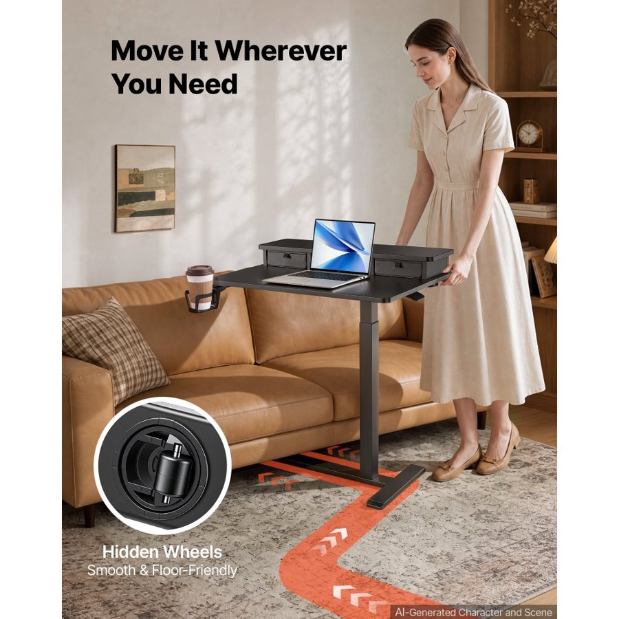 VEVOR Overbed Table 700 x 500 mm Mobile Bedside Table with Hidden Wheels, for Home Office Bed Couch, Height Adjustable Rolling Laptop Desk, Standing Cart with 2-Layer Top, Drawer, Cup Holder, Black