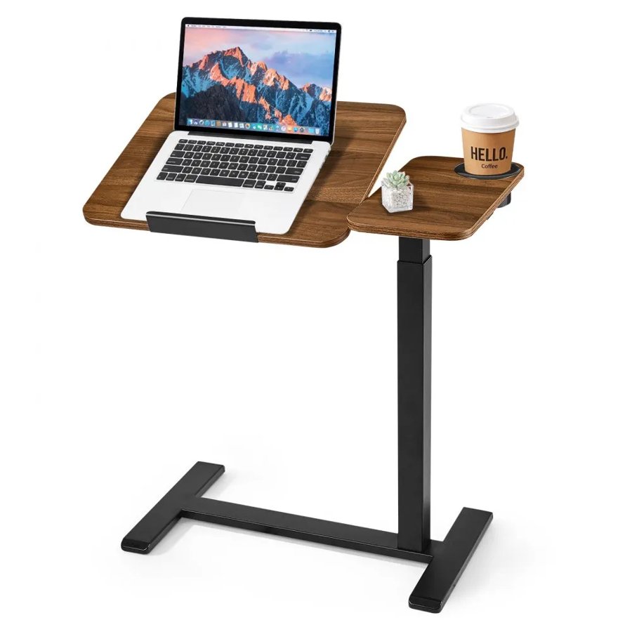 VEVOR Overbed Table 700 x 400 mm Mobile Bedside Table with Hidden Wheels, for Home Office Bed Couch, Height Adjustable Rolling Laptop Desk, Standing Cart with Tilting Desktop & Cup Holder, Brown