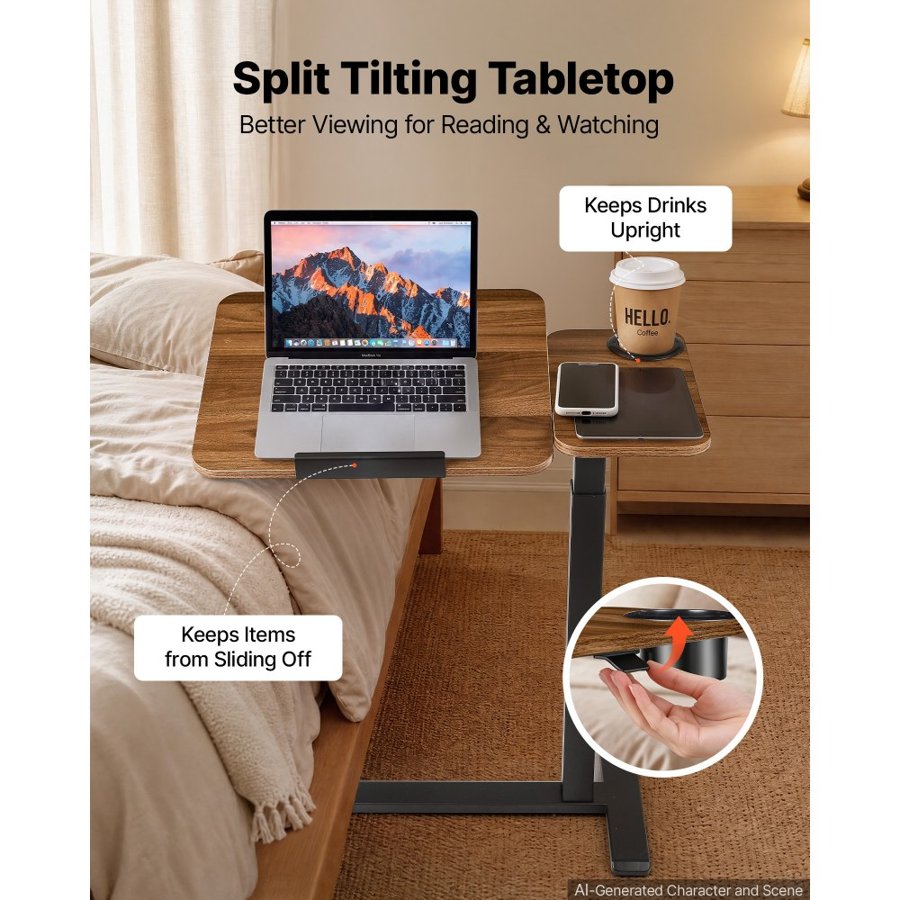 VEVOR Overbed Table 700 x 400 mm Mobile Bedside Table with Hidden Wheels, for Home Office Bed Couch, Height Adjustable Rolling Laptop Desk, Standing Cart with Tilting Desktop & Cup Holder, Brown